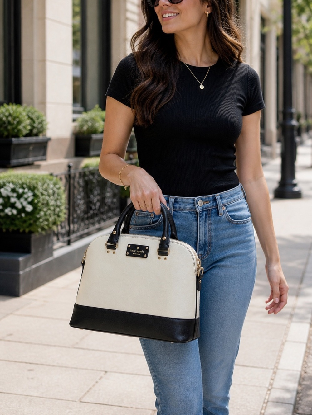 Kate Spade Two Tone Leather Dome Satchel Black Cream Handbag
